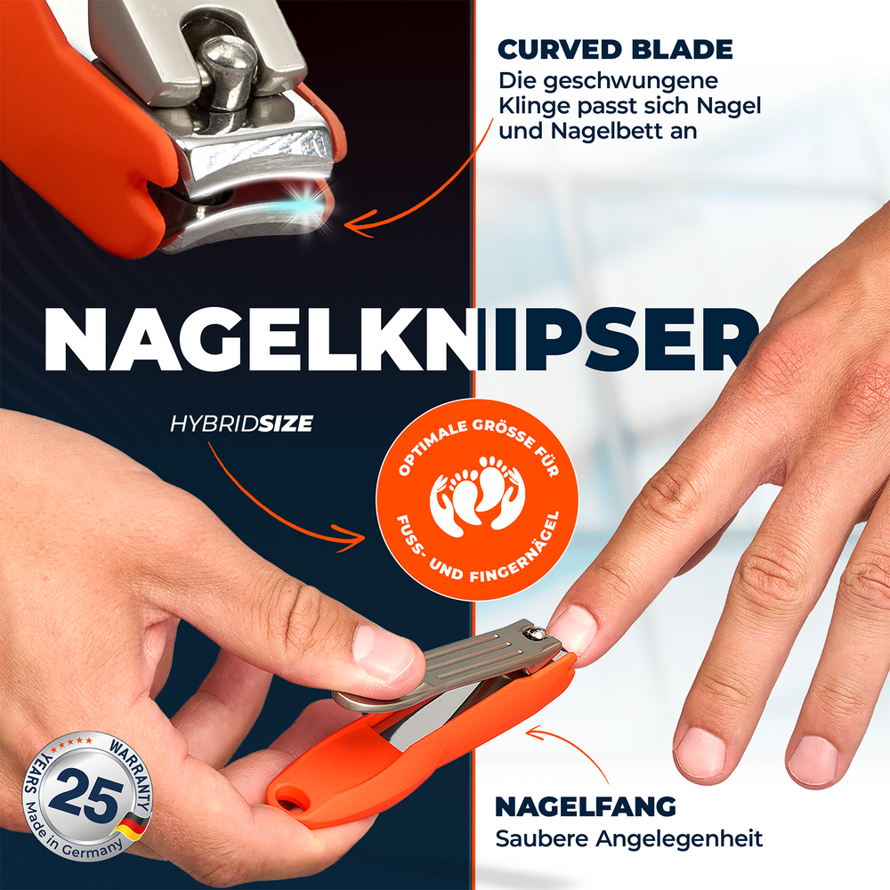 SilkslidePro® Nagelknipser in Anwendung – Curved Blade, Hybrid Size für Finger- und Fußnägel, integrierter Nagelfang,