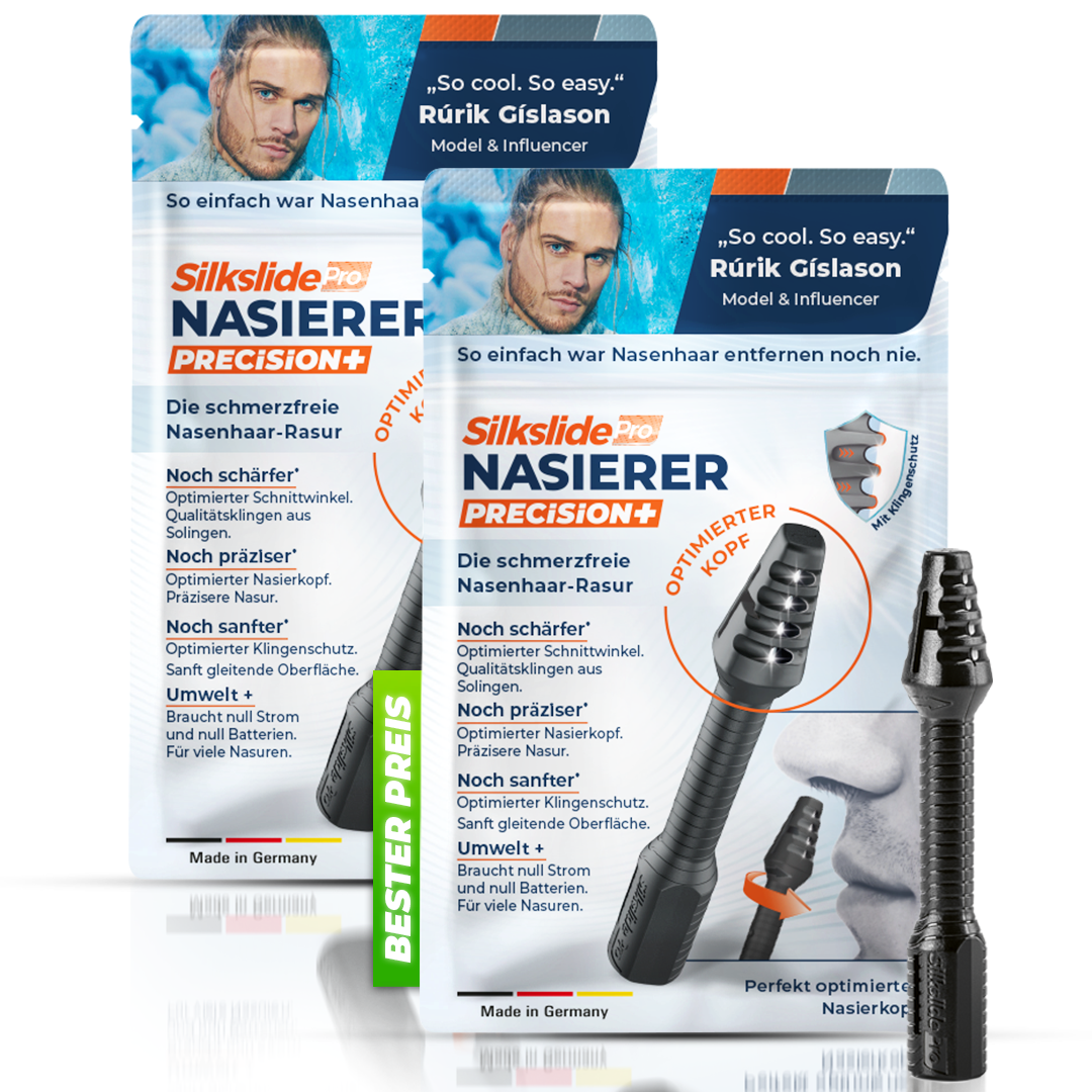 SilkslidePro® Nasierer Precision+ Verpackung mit optimiertem Nasierkopf – empfohlen von Rúrik Gíslason, schmerzfreie Nasenhaar-Rasur ohne Strom, Made in Germany