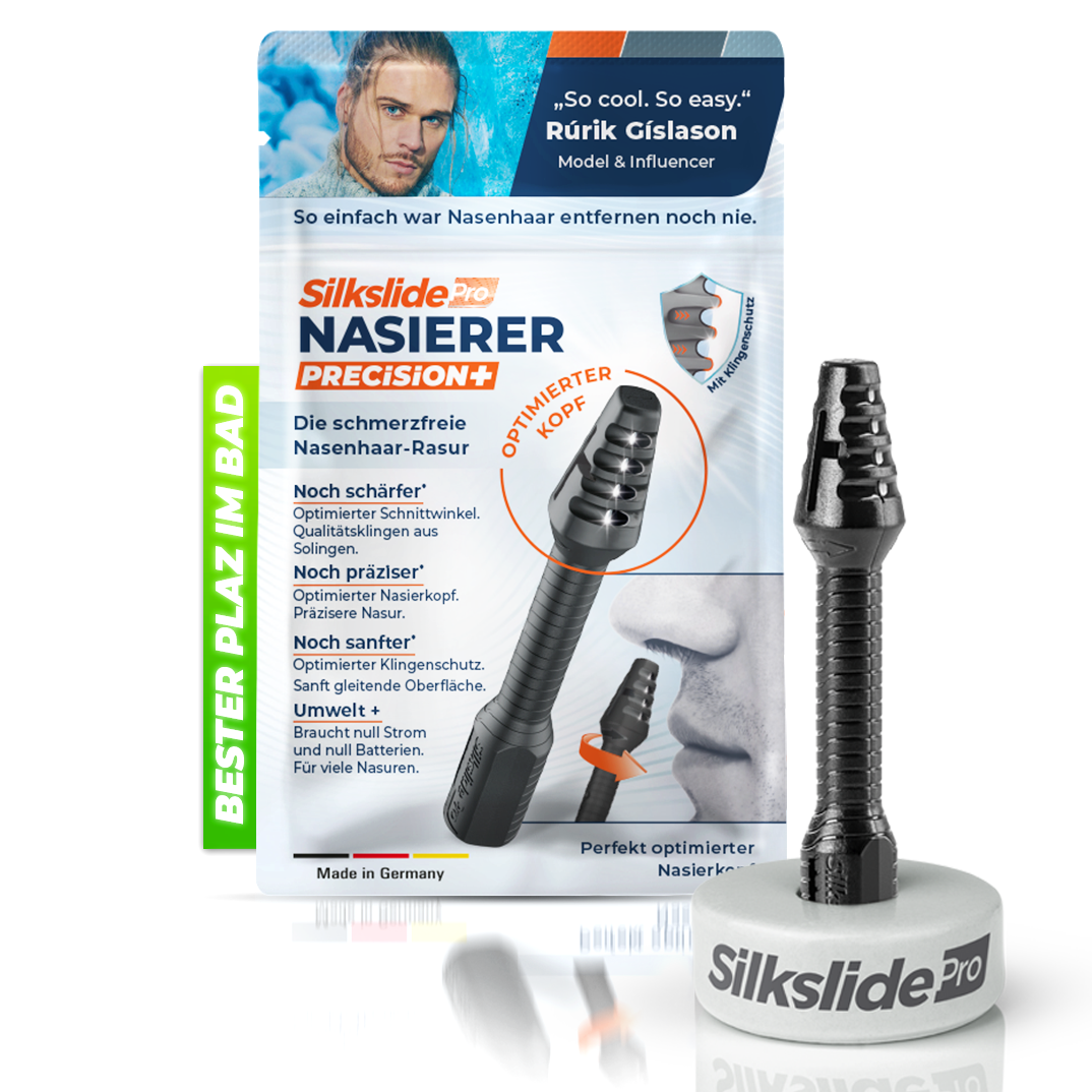 SilkslidePro® Nasierer Precision+ mit Keramikständer und Verpackung – empfohlen von Rúrik Gíslason, optimierter Nasierkopf, Klingen aus Solingen, Made in Germany
