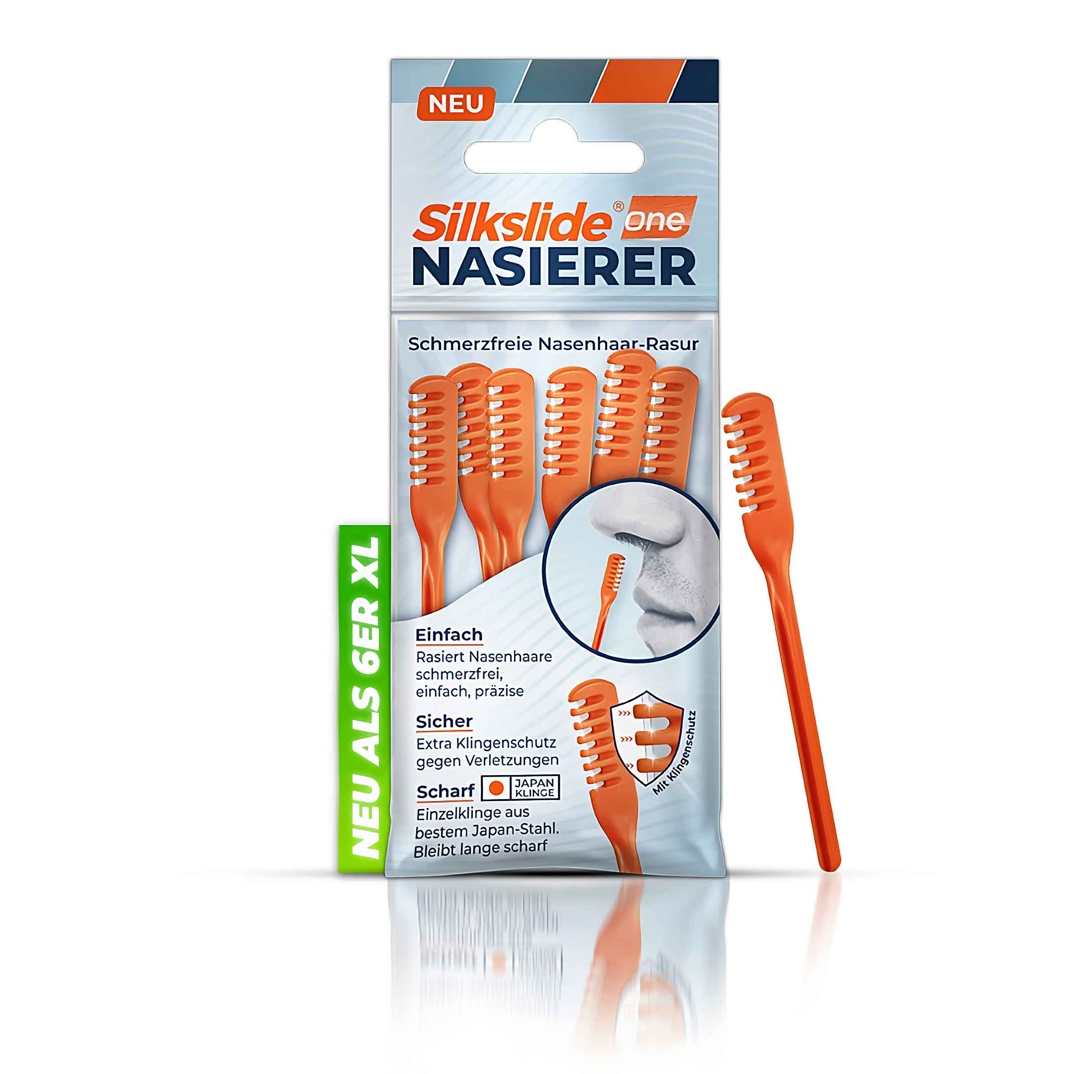 Silkslide One® Nasierer 6er XL Pack in orangefarbener Verpackung – schmerzfreie Nasenhaar-Rasur, Japan-Stahl-Klinge, extra Klingenschutz, neu