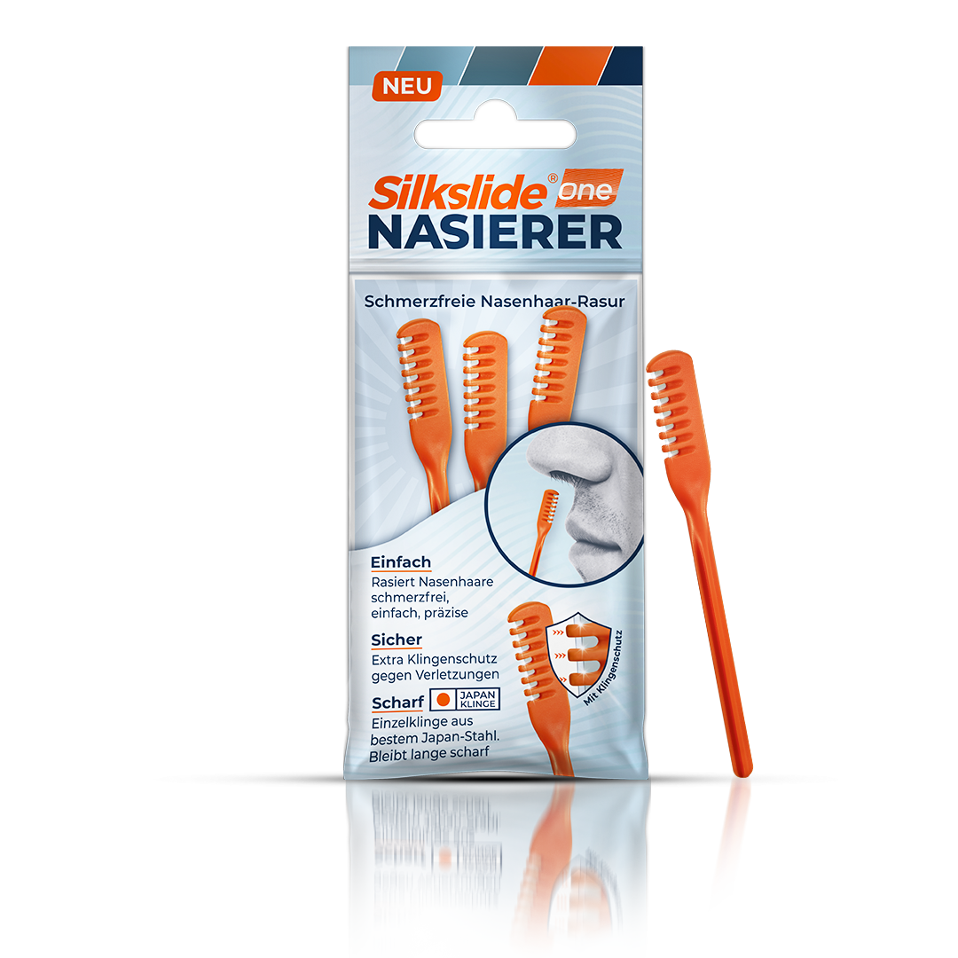Silkslide One® Nasierer Produktverpackung freigestellt – 3er Pack mit Japan-Stahl-Klinge, extra Klingenschutz, neu