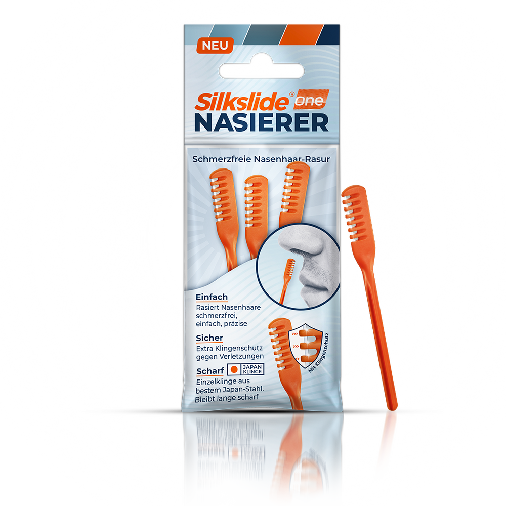 Silkslide One® Nasierer Produktverpackung freigestellt – 3er Pack mit Japan-Stahl-Klinge, extra Klingenschutz, neu