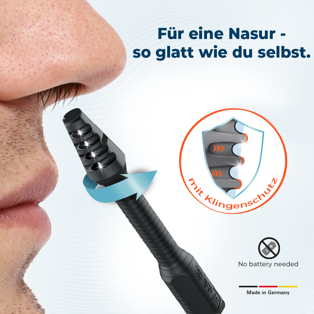 SilkslidePro® Precision+ Nasierkopf kurz vor der Nase – Detailansicht des Klingenschutzes, batteriefrei, Made in Germany
