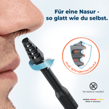 SilkslidePro® Precision+ Nasierkopf kurz vor der Nase – Detailansicht des Klingenschutzes, batteriefrei, Made in Germany