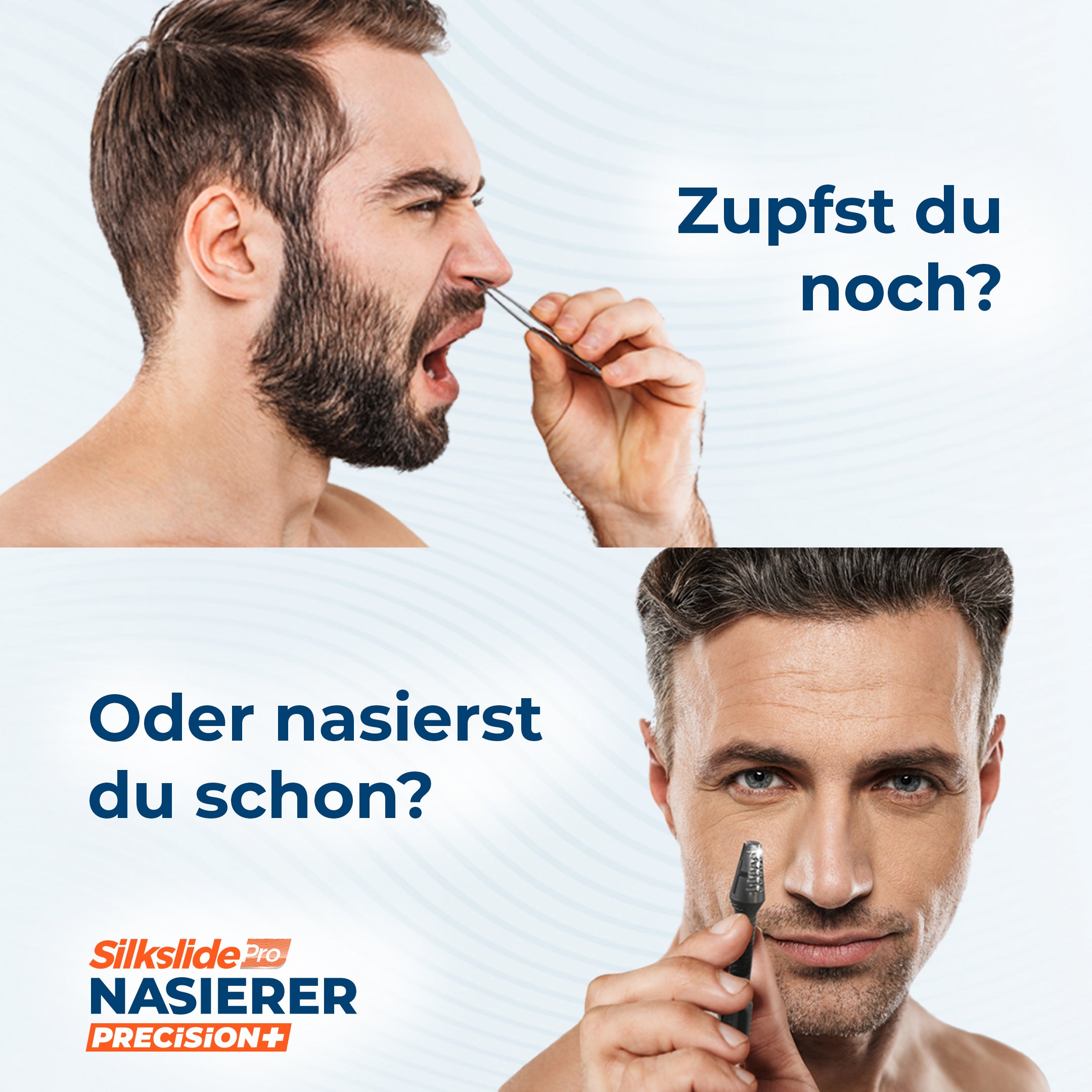 Vorher-Nachher-Vergleich: schmerzvolles Zupfen mit Pinzette vs. entspannter Mann mit SilkslidePro® Nasierer Precision+