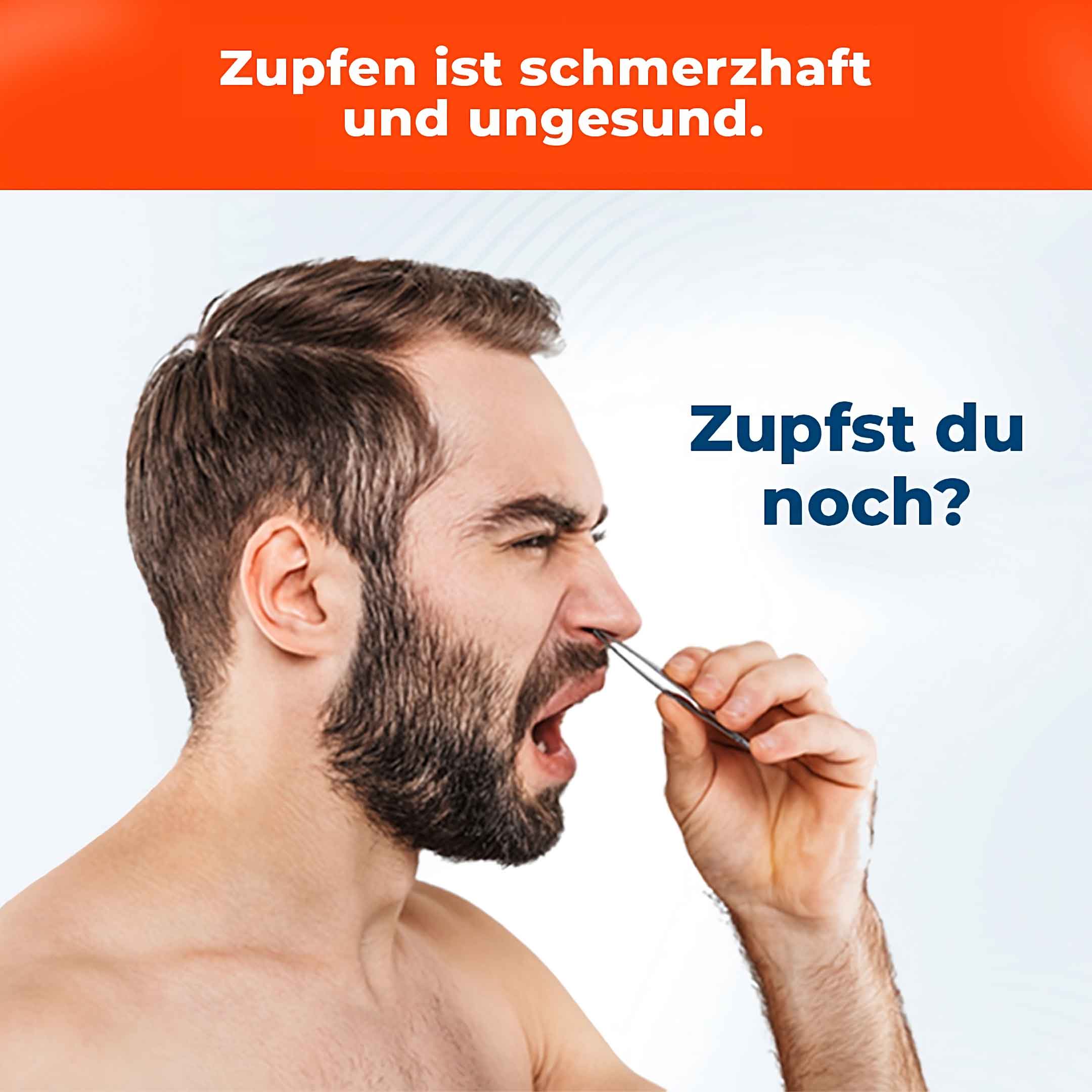 Mann zieht schmerzverzerrt Nasenhaare mit Pinzette – Darstellung der schmerzhaften und ungesunden Zupf-Methode