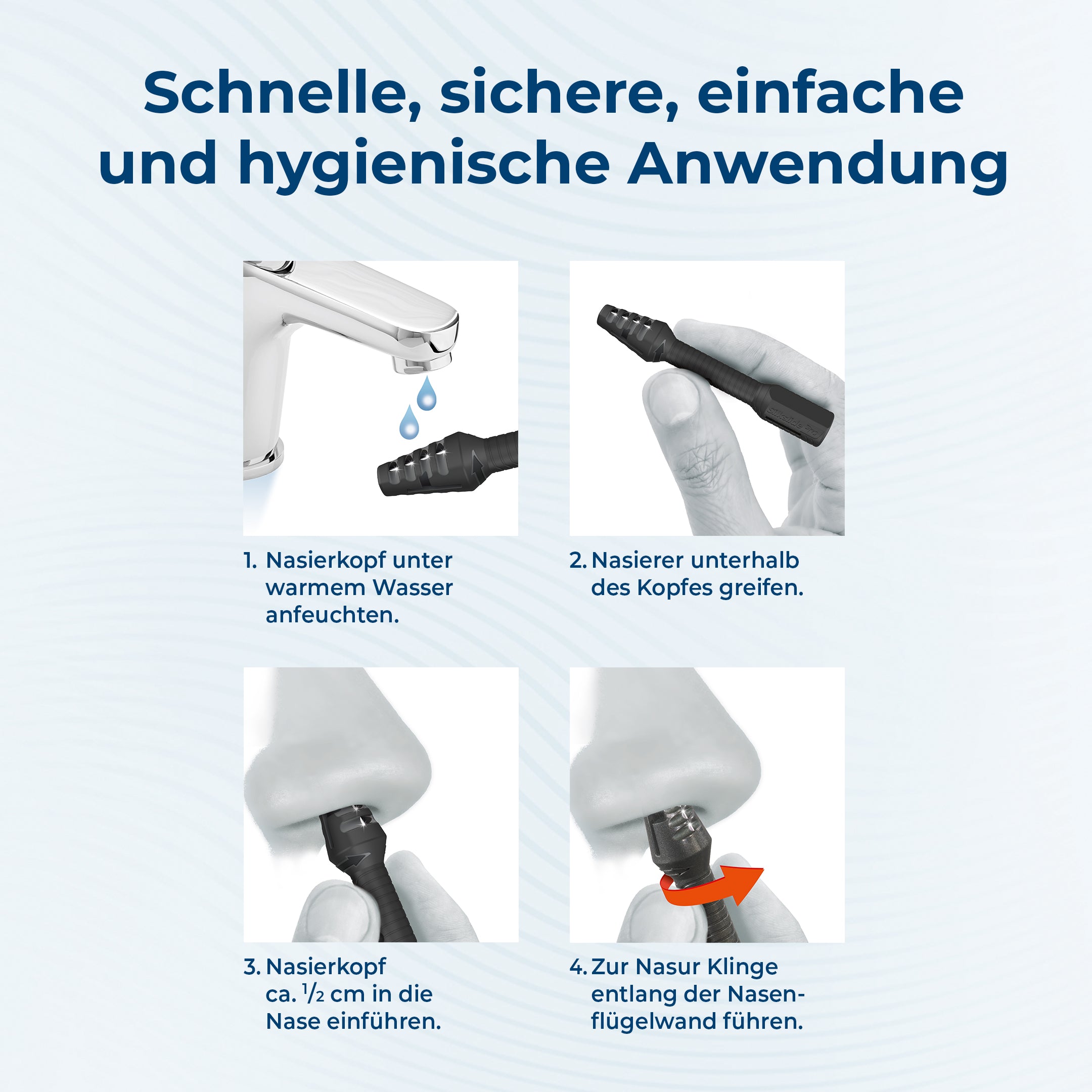 SilkslidePro® Precision+ Anwendungsanleitung – anfeuchten, greifen, einführen, entlang der Nasenflügelwand führen