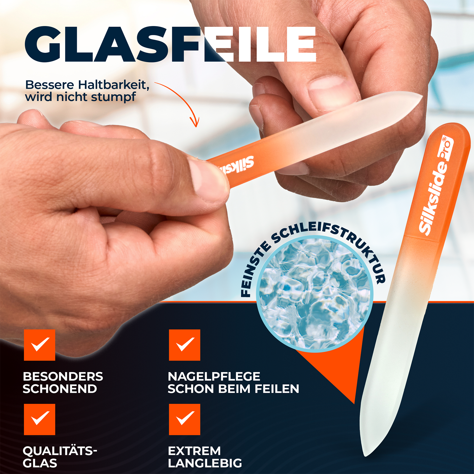 SilkslidePro® Glasfeile in Anwendung – feinste Schleifstruktur, besonders schonend, Qualitätsglas, extrem langlebig, wird nicht stumpf