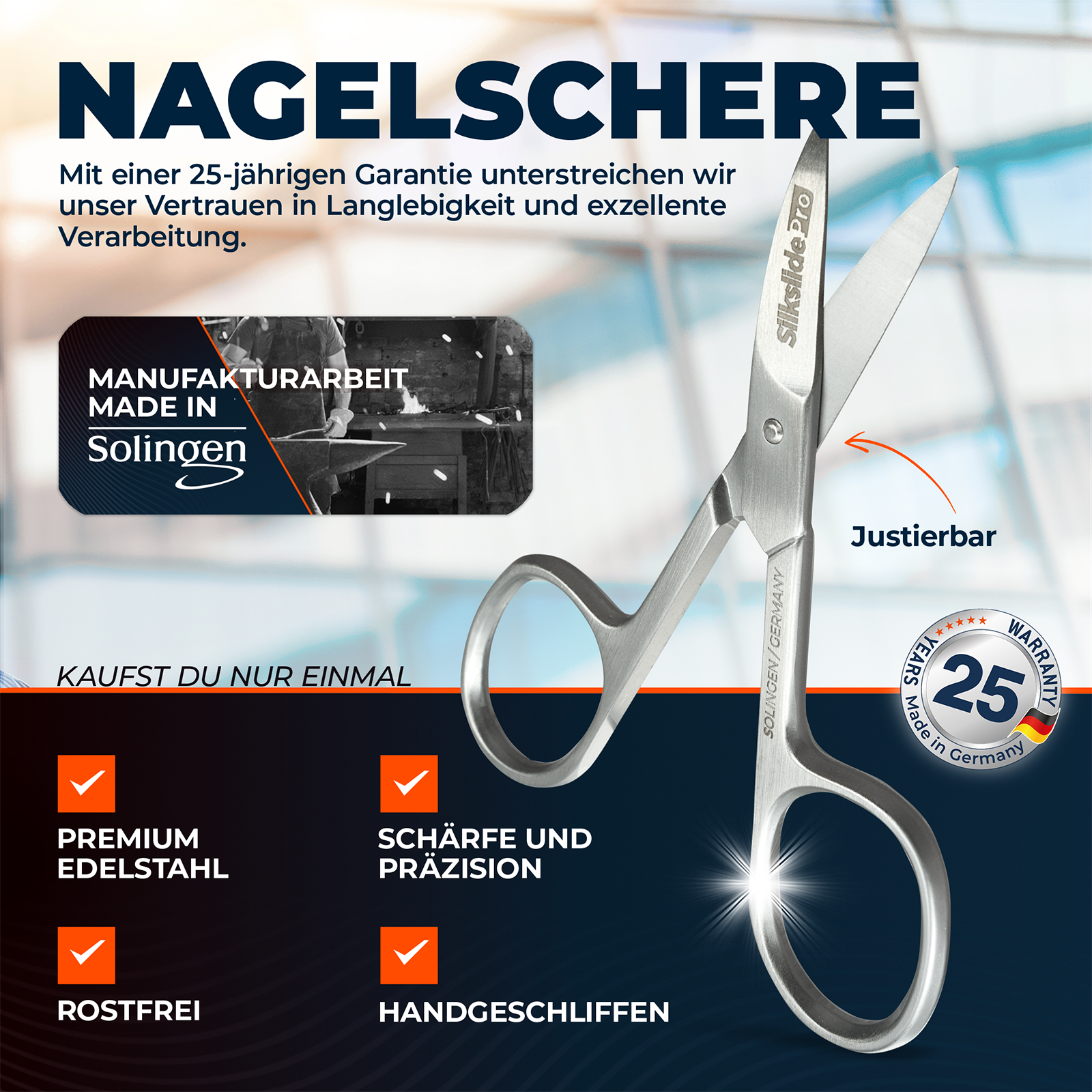 SilkslidePro® Nagelschere aus Premium-Edelstahl – handgeschliffen, rostfrei, justierbar, Manufakturarbeit Made in Solingen, 25 Years Warranty