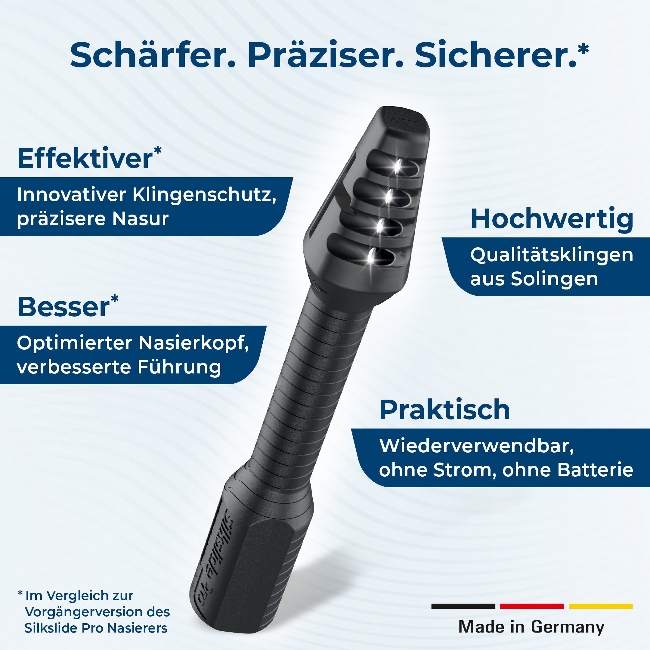 SilkslidePro® Nasierer Precision+ freigestellt – effektiver Klingenschutz, optimierter Nasierkopf, Qualitätsklingen aus Solingen, wiederverwendbar ohne Strom