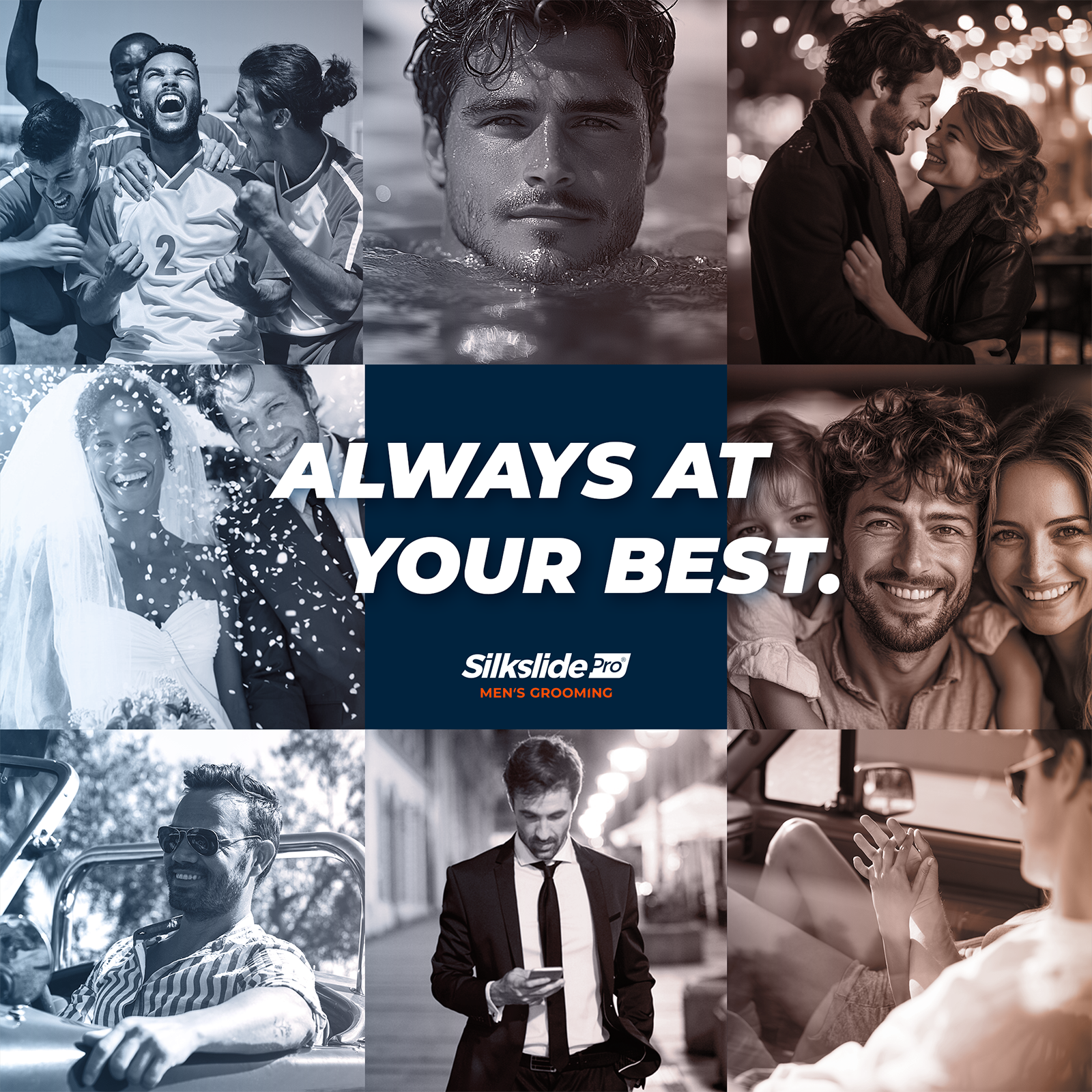 Silkslide Pro Men's Grooming – Männer in verschiedenen Alltagssituationen: Sport, Schwimmen, Hochzeit, Romantik, Familie, Business und Freizeit – Always at your best.