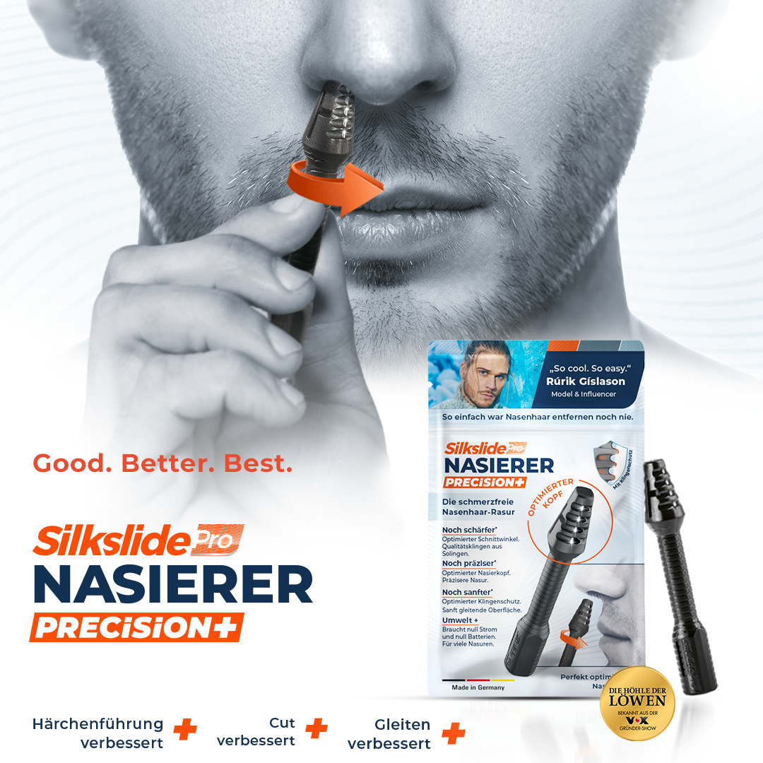Mann wendet SilkslidePro® Nasierer Precision+ an – verbesserte Härchenführung, Cut und Gleiten, Klingen aus Solingen, bekannt aus Höhle der Löwen