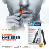 Mann wendet SilkslidePro® Nasierer Precision+ an – verbesserte Härchenführung, Cut und Gleiten, Klingen aus Solingen, bekannt aus Höhle der Löwen