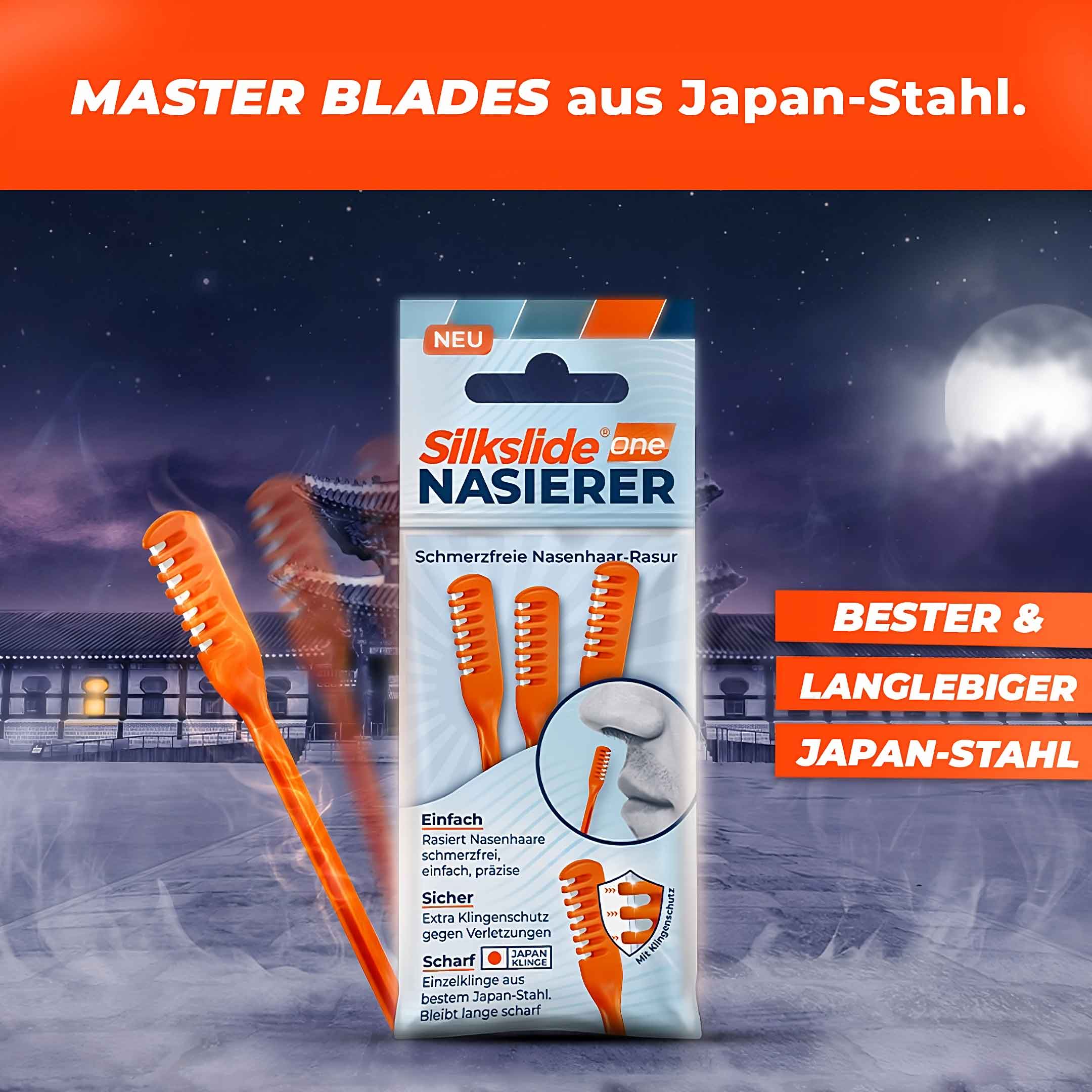 Silkslide One® Nasierer mit Japan-Stahl-Klinge – langlebig, scharf, extra Klingenschutz gegen Verletzungen, schmerzfreie Nasenhaar-Rasur