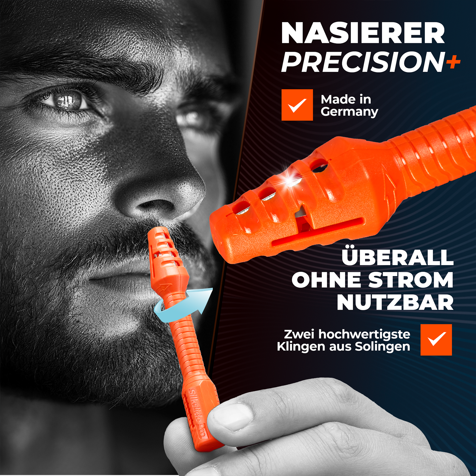 Silkslide Pro Nasenhaartrimmer Precision+ für schmerzfreie Anwendung ohne Batterie – hochwertige Klingen aus Solingen für präzises Trimmen