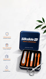 SilkslidePro Men’s Grooming Set in blauer Metallbox mit Nagelknipser, Pinzette, Feile, Kamm, Nasierer und Schere