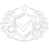 Qualitäts- und Garantie-Siegel mit Schild, Häkchen, Sanduhr und Lorbeerkranz – Symbol für langlebige Verarbeitung und Produktgarantie