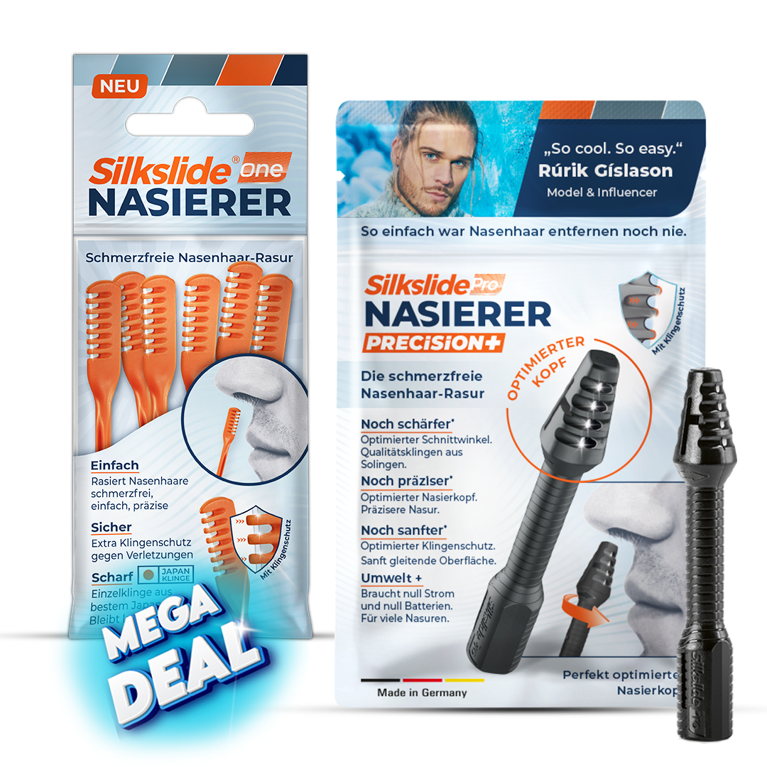 Silkslide One Einwegrasierer und Silkslide Pro Nasierer Precision+ im Vergleich – schmerzfreie Nasenhaarentfernung ohne Batterie mit präzisen Klingen, Made in Germany
