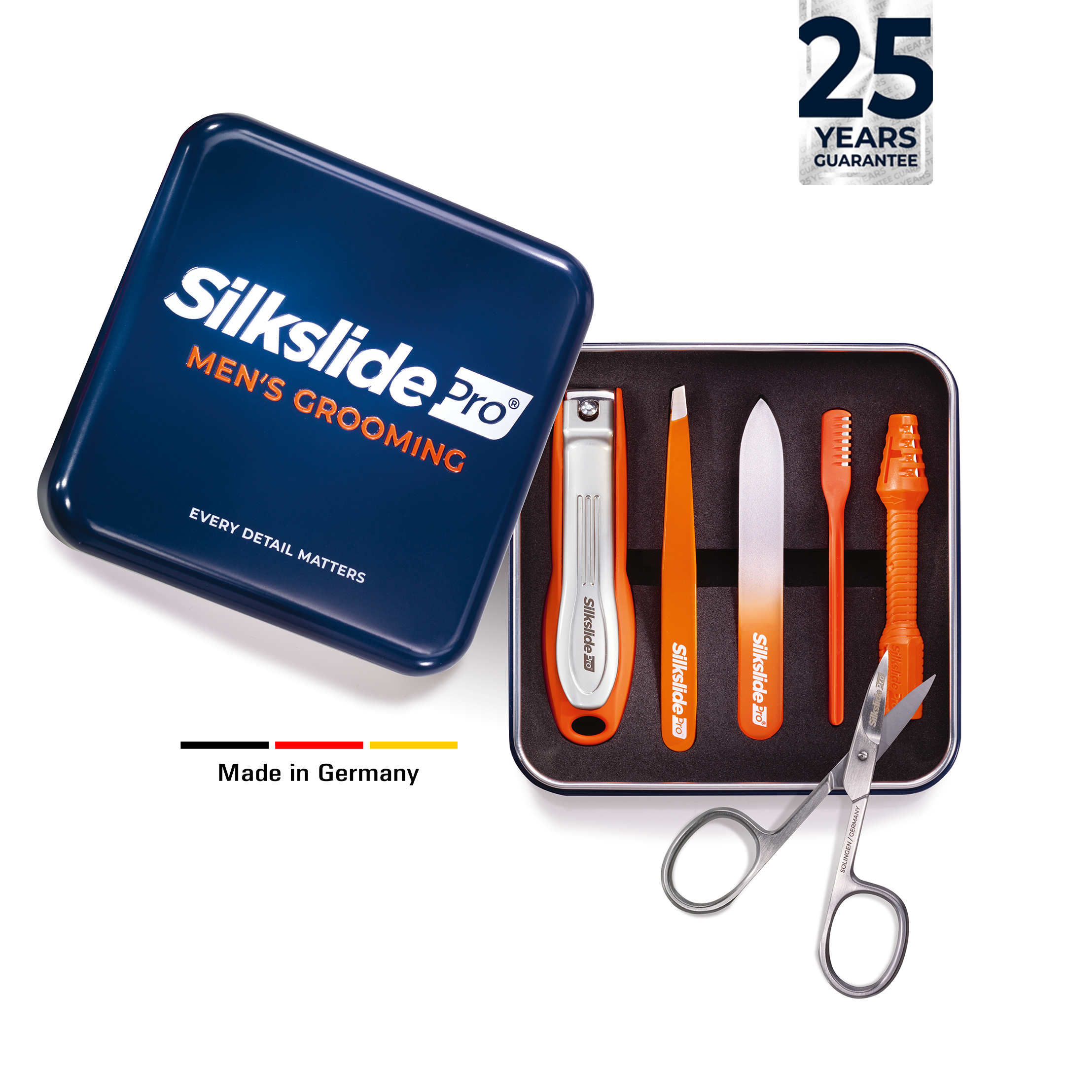 Silkslide Pro Männerpflege Set mit Nagelknipser, Pinzette, Glasnagelfeile und Schere in Metallbox – hochwertiges Grooming Set Made in Germany mit 25 Jahren Garantie