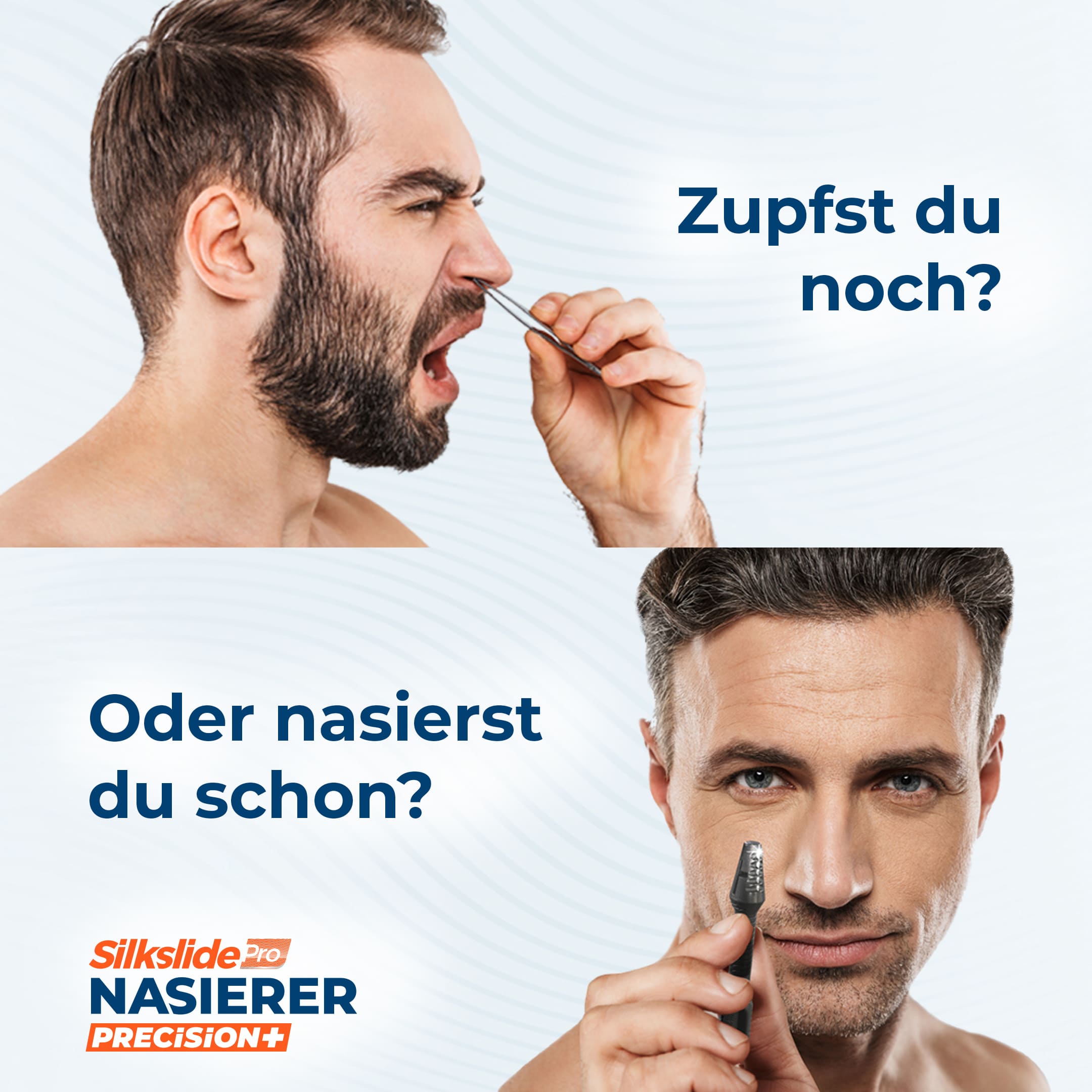 Vorher-Nachher-Vergleich zur Nasenhaarentfernung mit Pinzette und SilkslidePro Nasierer